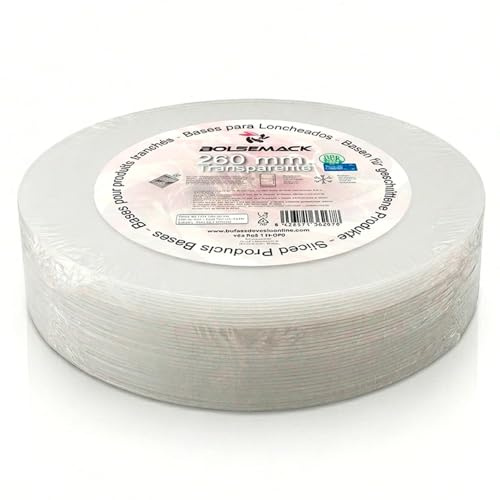Bolsemack Bases de Loncheado redondas de 26cm para Envasar al Vacío (100 unidades), Láminas rPET Transparentes, Bandejas para Embutidos, Jamón y ahumados, ideales para bolsas de envasado al vacío.