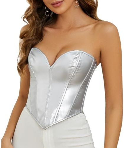 WERFORU Leder Korsett für Damen Kunstleder Corsage Trägerloses Korsett Top Reißverschluss Bustier Weste Silber