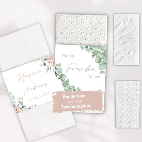 50 Freudentränen Banderolen inkl. Klebepunkte, verschiedene Farben Designs, personalisiert, geprägte Taschentücher Herzen, Freudentränen Taschentücher Hochzeit, Eukalyptus, rosa, gold