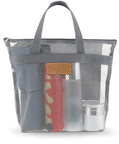 Molain Tragbare Duschtasche, Mesh Tragetasche mit Reißverschluss, Multifunktionale Strandtasche Schnelltrocknende Faltbare Tasche Duschtasche für Fitnessstudio Duschraum Strand(grau)