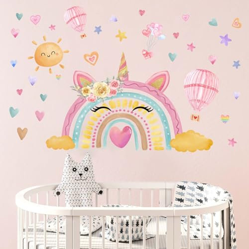 Amimagen Wandtattoos Aquarell Große Regenbogen Wandaufkleber - Einhorn Regenbogen Herzen Sonnenballon Wandsticker - Mädchen Baby Kindergarten Kinderzimmer Tagespflege Spielraum Klassenzimmer Wanddekor