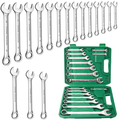 Llaves Fijas Con Carraca,Juego De llaves Fijas,Juego De llaves Fijas Con Carraca,Llave de carraca 17PCS (6-24mm), llave fija, herramienta de mano con maletín, para fontaneros, mecánicos, electricistas