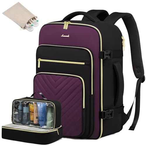 LOVEVOOK Sac à Dos Voyage, Sac Cabine Avion Bagages Valise Easyjet Ryanair 45x36x20, Sac à Dos Femme Étanche Pour Ordinateur Portable Sac Porté Dos Backpack pour Travail École Loisir, Violet Noir