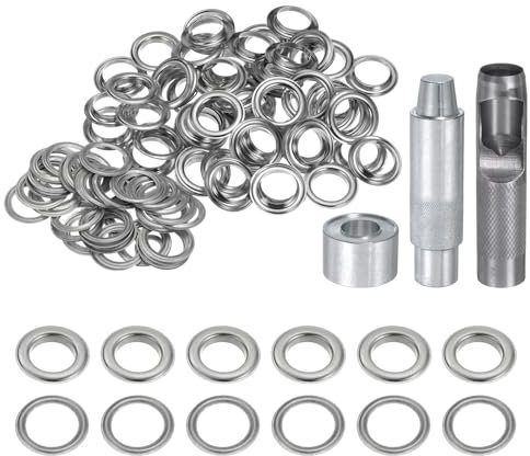 sourcing map Juego de 100 herramientas de ojales de cobre de 20 mm con perforador hueco, herramientas de ajuste de ojales para ropa, cinturón de tela de cuero, tono plateado