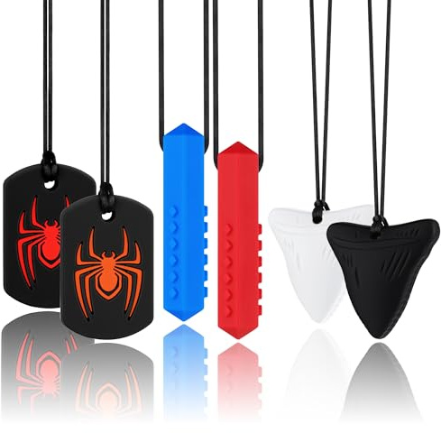 Chewy Necklaces for Sensory Kids, Silicone Chewable Necklace, 6 Pack Sensory Oral Motor Aids Teething Necklace for Chewers with Autism, ADHD, SPD, or Special Oral Motor Need