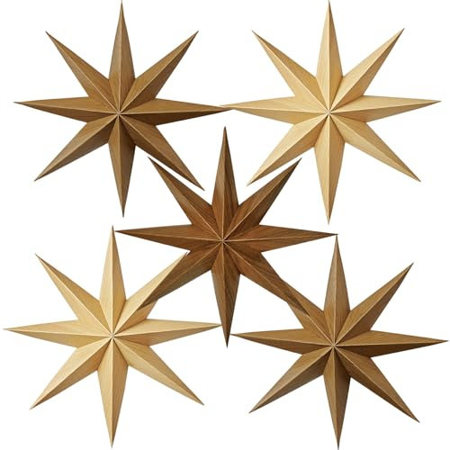 SUNBEAUTY 5er Set Holzmaserung Papiersterne Original Holzfarbe Faltstern Deko Weihnachten 8 Zacken Faltsterne Party Deko für Weihnachtsdeko Hochzeit Geburtstag Tischdeko