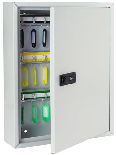 HMF 13642-07 Armoire à clés avec Code chiffré, boîte à clés Grande | 42 Crochets | 35 x 27 x 8 cm | Gris Clair