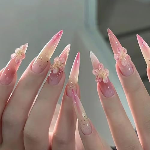 MouyouGlow Press on Nails Extrem Lang,Stiletto Nude Verlauf Rosa Glitzer 3D Hibiskus Blume Fairy Y2K Coquette Fake Nails mit Nagelkleber,Flower Sommer Künstliche Fingernägel