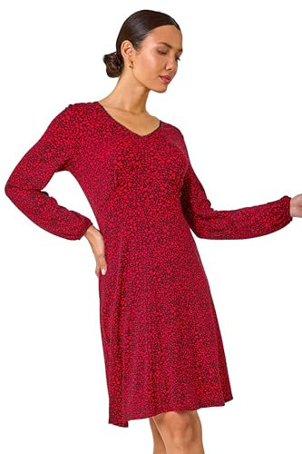 Roman Originals Fit & Flare Dress for Women UK - Ladies Stretchy Skater Swing A Line Everyday Tea Autumn Winter V-Neckline Comfy Soft Evening Vacation Work Party Night Out - Red Black - Size 14