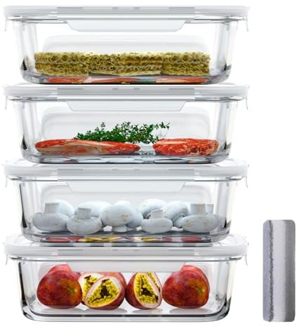 Bstask 4pc Glass Meal Prep Containers Set, Airtight Glass Storage Containers with Lids, Glass Food Containers with Snap Lock Lids, Glass Food Storage Containers, BPA-free, for Meal Prep & Baking