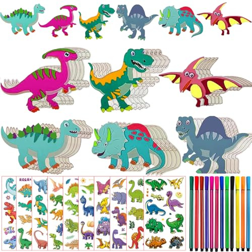 FZYESNO Dino Holz Bastelset für Kinder - 44 Teile, 30 Dinos, 12 Aquarellstifte, 2 Aufkleber - Kreativ Set für 4-12 Jahre