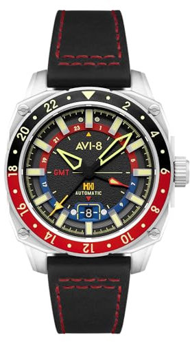 AVI-8 Hawker Hunter Atlas GMT Automatikuhr für Herren, 44 mm, mit Lederband, AV-4122, Devil Black, Armband