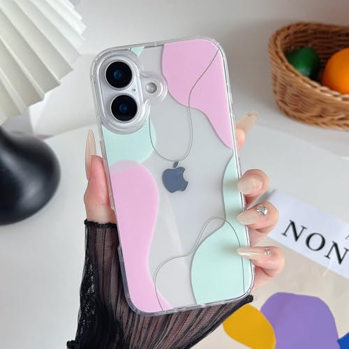 DEFBSC Compatible with iPhone 16 Case, Transparent Color Mix Aesthetic Phone Case Design Soft TPU Bumper Slim Thin Shock-Absorbing Protective Phone Case for iPhone 16 - Green Pink