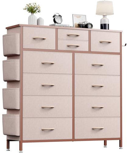 Buluri Chest of Drawers Bedroom, 12 Fabric Drawers Dresser with Side Pockets and Hooks, Wooden Top and Metal Frame, Tall Drawers for Closet, Living room, Kids Room (Pink)