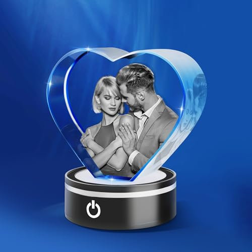Photo en cristal personnalisée, Photo en cristal avec cœur gravé et base LED, cadeau pour Noël, anniversaire, photo en verre personnalisée pour lui, ses hommes, ses femmes, sa mère et son père.
