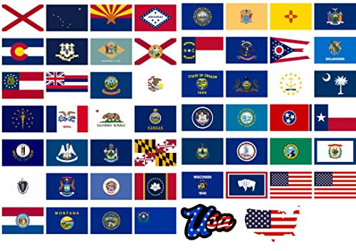 Daged 54 x USA Bundesstaaten Flaggen Fahnen Set - Bundesstaaten Aufkleber Karte Sticker-Bogen - PKW Auto Fahne Flagge Decal - STA
