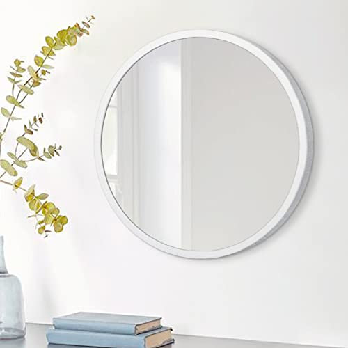 JJUUYOU Wandspiegel, rund, mit Holzrahmen, dekorativer Kosmetikspiegel für Wohnzimmer, Eingangsbereich, Schlafzimmer, Weiß