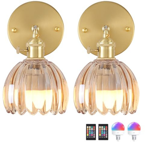 Set of 2 Battery Operated Wall Sconce, Rechargeable Wall Lamp with Remote Control & 12 RGB Colors - 3 Adjustable Color Temperatures, Dimmable Wireless Wall Lights for Bedroom Bathroom (Amber Tulip)