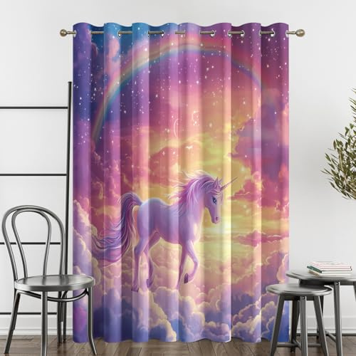 zcwl Einhorn Regenbogen Vorhänge, Kinder Mädchen Verdunklungsvorhänge mit Ösen, Vorhang Blickdicht für Wohnzimmer Schlafzimmer Dekoration, Gardinen mit Muster, 2er Set, 137 x 117 cm (HöhexBreite)