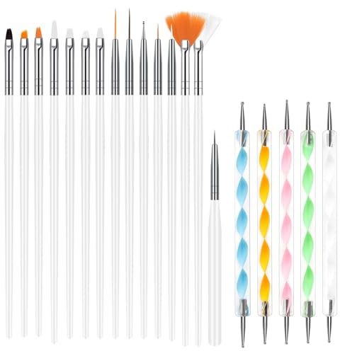 URAQT Nail Art Brushes Set, 15pcs Acrylic Nail Brush Painting Pen and 5pcs Nail Dotting Tools Kit, Nail Pen Kit Nail Art Painting Designer for Diy & Professional Use, White