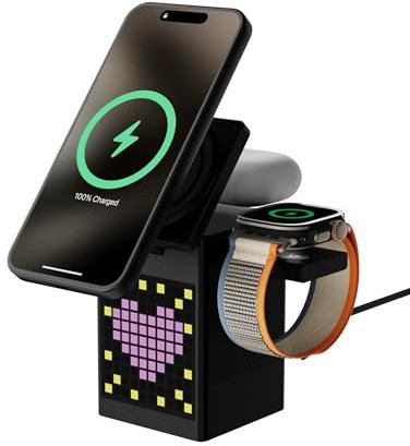 SNAZZY Multi-Function 6-in-1 Magnetic Wireless Charger, Blutooth Speaker, Pixel Art with LED Display, Digital Alarm Clock, and 15W Fast Wireless Charging - Magnetic (Black)