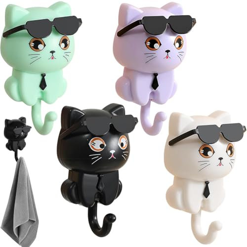 NIEEKRUN 4 Stück Schlüsselhaken, Selbstklebende Kleiderhaken Niedliche Cartoon Katze Schlüsselhaken, Selbstklebende Wandhaken Kreativ Niedliche Wandhaken Cat Key Hook für Kleidung Schlüssel Schmuck