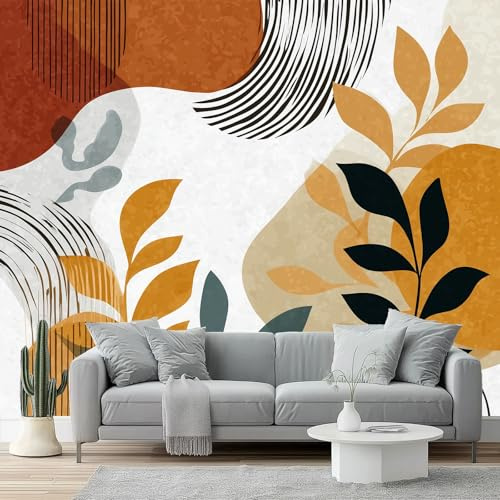 Papier Peint Soie Panoramique Abstrait Bohème Feuilles végétales Décoration Murale Pour Salon Bureau - Autocollant Murale 250 x 175 cm - Terreux Poster Mural pour Chambre Chambre D'Enfant Photo