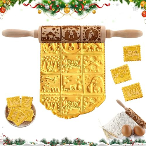 3D Holz Teigroller, Weihnachten Nudelhölzer, 35 * 4.5 cm Holz Weihnachten Präge, Weihnachte-n Teigrolle-r, Graviertes Nudelholz, Prägerolle Hol-z Teigroller für DIY, Teig, Fondant, Keks, Kuchen (ren)