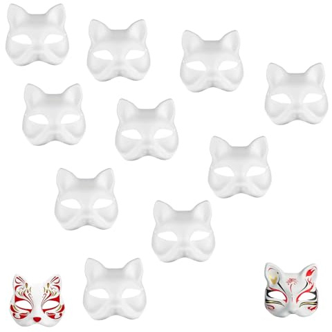 10 Stück Katzenmasken zum Bemalen Maske DIY Weiße Katzen Masken zum Basteln | Leere Cat Mask für Halloween Rollenspiele/Cosplay/Singles Partys/Tänze/Karneval