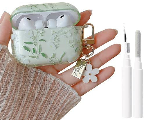 MINSCOSE für AirPods Pro 3.Generation Case (2025) mit Reinigungsset, niedliches hübsches Blumenmuster-Design mit Blumen-Schlüsselanhänger für Mädchen und Frauen für AirPods Pro 3–Grüne Blume