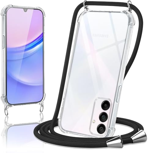 Micnkifo Coque pour Samsung Galaxy A15 avec Cordon, Housse Transparent Silicone Anti-Jaunissement Collier Réglable Case, Téléphone Étui Antichoc Portable Lanière Cover pour Samsung A15 - Noir