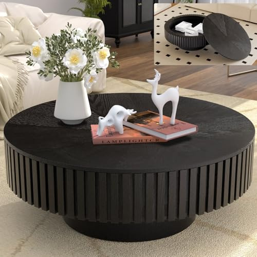 Wxnnx 31.4 Round Coffee Table with Storage, Black | Modern Wooden Fluted, Solid Wood Veneered, Circle Center Table, For Living Room