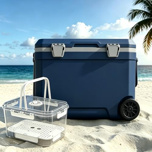 WISD 45L Cool Box with Wheels & Handle, Large Insulated Cooler Box, Includes Food Storage Container, Heavy Duty Coolbox with Metal Latches & Drain Plug for Camping, Picnic, Beach & BBQ (Blue)