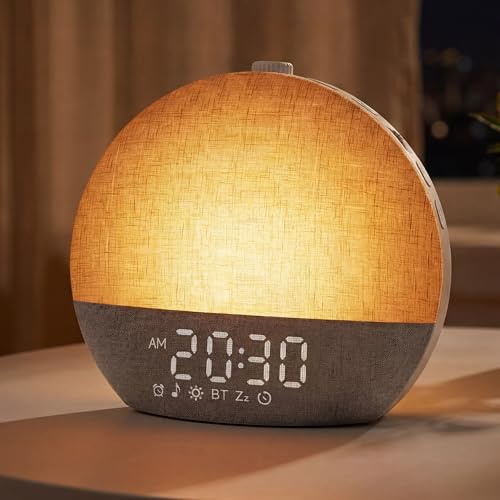 Despertador Amanecer, Despertador con Luz Natural Simulación de Amanecer, Lámpara de Cabecera Bluetooth, 30 Sonidos Ruido Blanco, 17 Modos de Luz RGB, 20 Niveles de Brillo, Temporizador y Snooze
