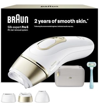 Braun Epilateur Lumiere Pulsee Silk·expert Pro 5 PL5311, Blanc et Or | Alternative au Laser à Domicile, Filaire, avec Pochette, Rasoir Gillette Venus, 3 Têtes