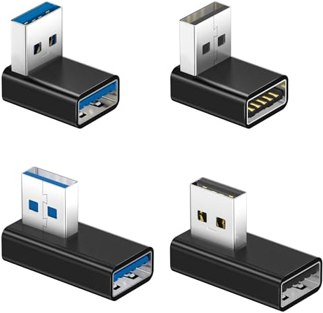 BASESAILOR 90 Degree USB A Male to Female Adapter 4 Pack,USB 3.0 Extender | Up Down & Left Right Angle Type A Connectors,L Shape Converter for CarPlay,Printer,PS5 PS4,Laptops,Chargers,Computer,Mouse,PC