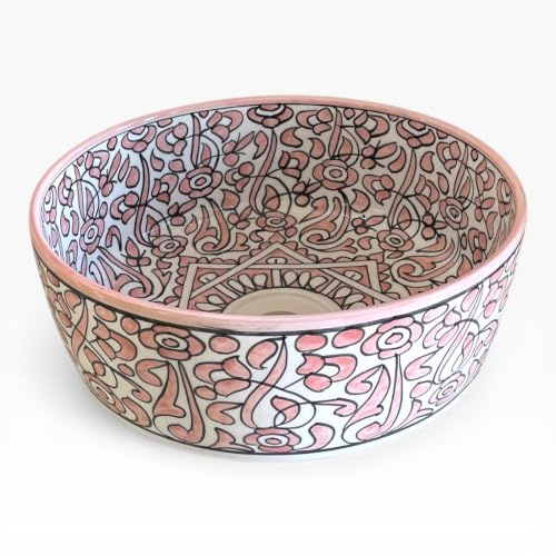 Lavabo da Appoggio in Ceramica Artigianale di Fès 36 cm, Decorato e Dipinto a Mano, Bianco e Rosa, Lavandino Rotondo per Bagno, Foro Scarico Ø 4,3 cm