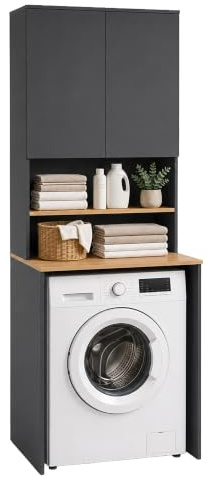 Relaxdays Waschmaschinenschrank, 4 Fächer, anthrazit/Natur | HBT 188,5 x 68 x 60 cm, Überbauregal Waschmaschine, Trockner
