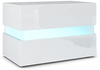 Vladon Nachttisch Flow, Made in Germany, Nachttischschrank mit Schublade Weiß matt/Weiß Hochglanz, inkl. LED-Beleuchtung (60 x 45 x 39 cm)