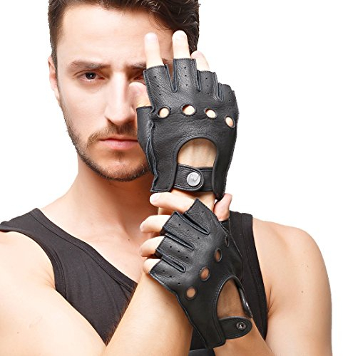 Nappaglo Herren Hirschleder Fingerlose Handschuhe Halbfinger Lederhandschuhe für fahren Motorrad Radfahren Ungefüttert Handschuhe (M (Umfang der Handfläche:20.3-21.6cm), Schwarz)