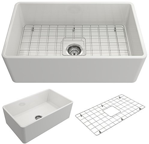 Classico Farmhouse Delantal frontal de arcilla refractaria de 30 pulgadas. Fregadero de cocina de un solo tazón con rejilla inferior protectora y colador en color blanco