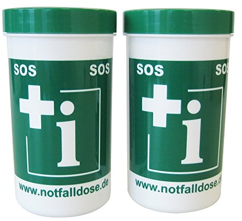 Notfalldose mit Notfall-Infoblatt und zwei Aufklebern, 2 er Set