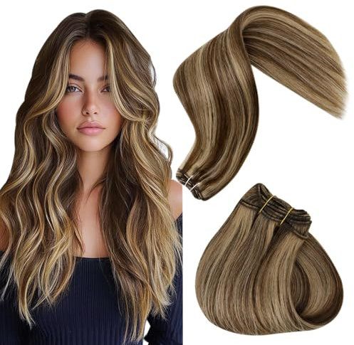 Hetto Tressen Extensions Echthaar Braun Highlight Blond Tressen Echthaar Extensions Echte Haar zum Einnähen Tressen Haarverlangerung Dunkelbraun Highlights Rotblond #4/27 80g 35cm