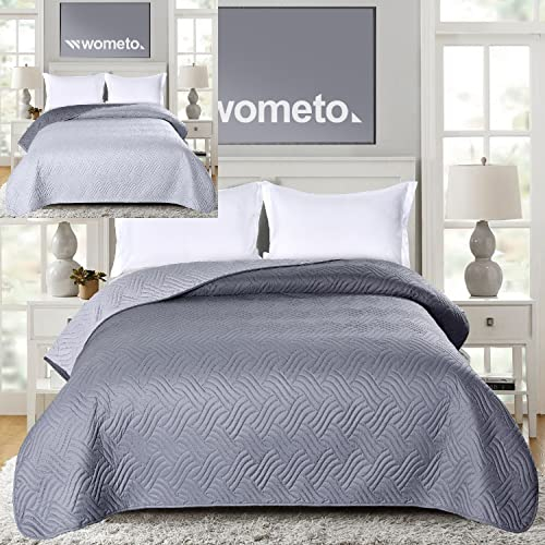 wometo Tagesdecke 220x240 cm oekoTex - Microfaser-Bezug grau hellgrau wattiert gesteppt Wende-Design XXL Sofa Couch Bett Bettüberwurf