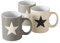 RiloStore 3 STK Kaffeetassen 330ml Sterne Stars grau beige Weiss Steingut Glühwein Frohe Weihnachten Tassen Becher Weihnachtsdeko Geschirr Winter Kaffeepott Kaffeebecher New Bone …
