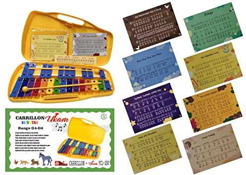 CARRILLON CROMATICO 25 NOTAS COLOREADAS UKAM mod.YCL-25K, laminas grabadas con los nombres de las notas. Incluye 2 baquetas y 12 canciones faciles,Estuche Reforzado amarillo.(Con Partituras)