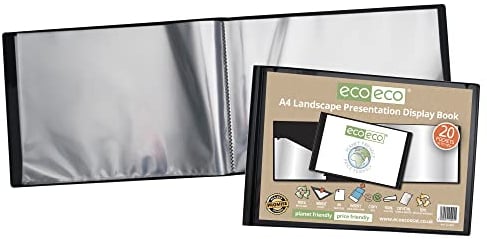 eco-eco eco095 Präsentationsbuch im A4-Format, 50% recycelt, 20 Taschen, Querformat, mit Kunststoffhüllen, Schwarz