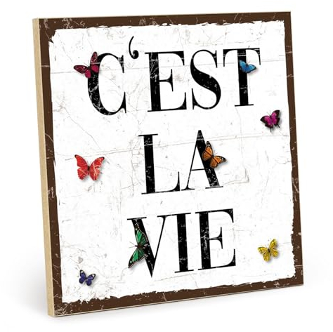 TypeStoff Holzschild mit Spruch – C'est la Vie – im Vintage-Look mit Zitat als Geschenk und Dekoration zum Thema So ist das Leben - HS-00961