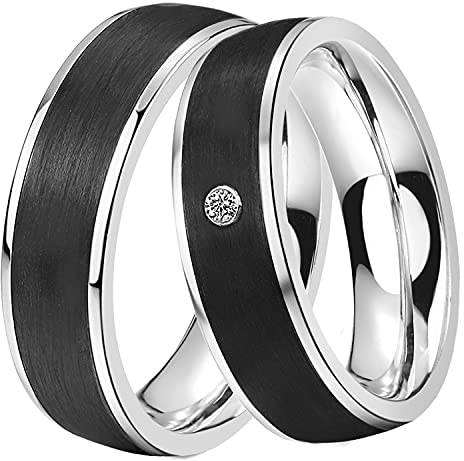 DOOSTI Damen Herren Ring Set Edelstahl Silber mit Einlage Carbon Schwarz als Partnerring Ehering Freundschaftsring Herrenring Damenring inkl. Gravur mit Namen (Ring ohne Zirkonia, 62)