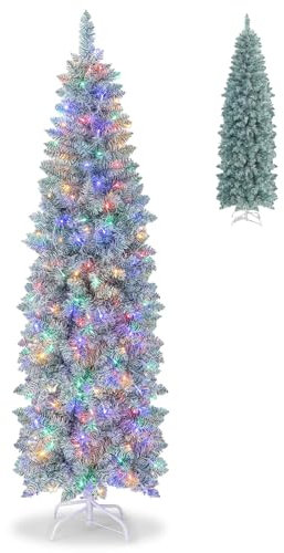 GYMAX 5FT/6FT Pre-Lit Hinged Christmas Tree, Slim Pencil Artificial Xmas Tree with LED Lights, Verdant Branches Tips, Holiday Party Decorations Tree for Home, Mall & Store (6ft, White+Green)